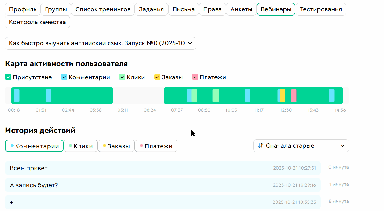 <p>Таймлайн по действиям зрителя на вебинаре/автовебинаре</p>