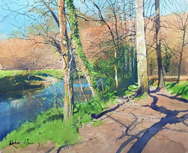 A single bright watercolor wash glowing through layers